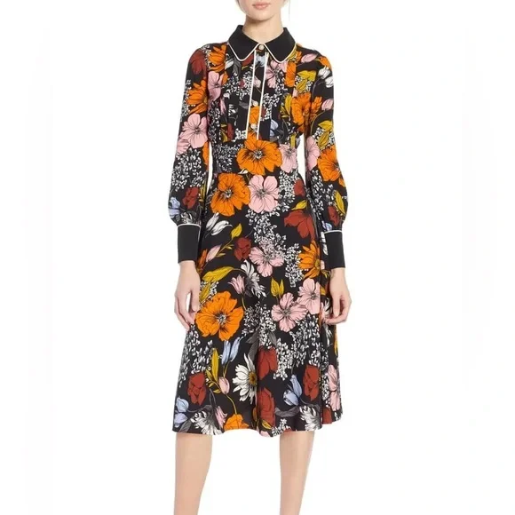 black dress with orange flowers ASOS DESIGN v neck sleeveless midi in floral print Celebrate the newlyweds in style with the Natalia Black Floral Maxi Dress Black Flower Girl Dress, Burnt